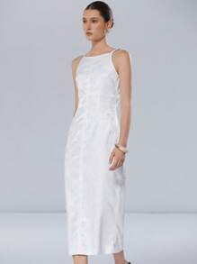 Aveloria Modichic White Feather Jacquard Textured Satin Fabric Women Elegant Romantic Minimalist Luxury Sleeveless Spaghetti Strap Dress, Suitable For Wedding Season