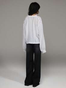 TRNVIE Bluză lejeră de vacanță, din jacquard, cu dungi transparente, cu jumătate de plăcuță, pentru femei