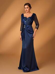 Serin Elegant And Gorgeous Navy Blue Lace Sequins Stitched Satin Sweetheart Neckline See-Through Three-Quarter Sleeves Gathered Twist Diamond Embellished Japanese Button Fishtail Hem Suitable For Prom Dinner Party Holiday Wedding Event Mother Of The Bride Dress Evening Dress