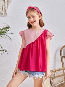SHEIN Tween Girls Vacation Round Neck Cap Sleeve Patchwork Dress - Pink - View 1