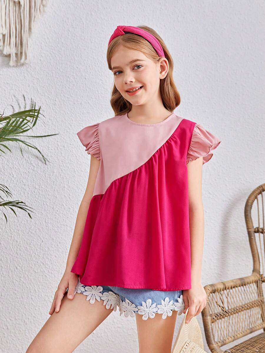 SHEIN Tween Girls Vacation Round Neck Cap Sleeve Patchwork Dress - Pink - View 1