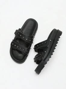Solecia Women's Rivet Decor Fashion Platform Slide Sandals