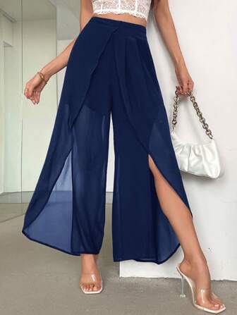 SHEIN Privé Women's Elegant Commuter V-Shaped Hem See-Through Chiffon High Waist Flared Pants