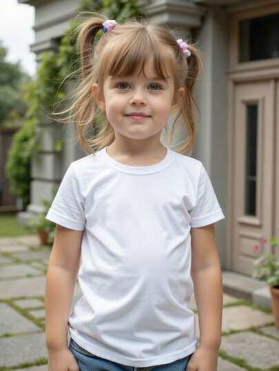 SHEIN Young Girl' Basic Round Neck Short Sleeve White T-Shirt