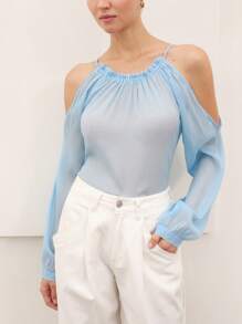 GENKIRA Spring/Summer New French Fashionable Elegant Women's Blouse, Attractive Open Shoulder Design, Ruched Neckline, Intricately Crafted Sheer Silver Metallic Chiffon Fabric, Long Sleeves Baby Blue For Spring Fall - Blue - View 6