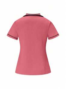 TaskEZ 2pcs Contrast Trim Casual Short Sleeve Top And Solid Color Pants Uniform Set, Scrub Sets - Coral Pink - View 5