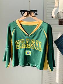 SHEIN Comfortcana Women's Summer Short Sleeve V-Neck Color Block Letter Printed Casual Crop Top With Raglan Sleeve Jersey