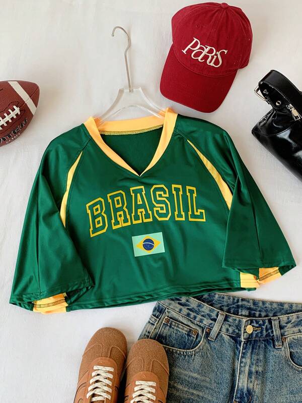 SHEIN Comfortcana Top corto casual de verano para mujer con mangas raglan, cuello en V, estampado de letras y bloques de color