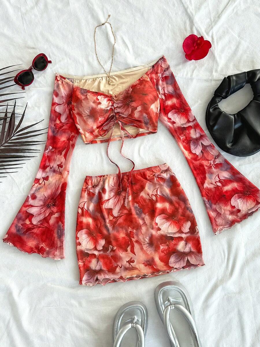 Soleia 女士沙滩装 圣帕特里克节沙滩装 圣帕特里克节服装 春夏服装 女士演唱会服装 女士度假深 V 领长袖短款上衣和低腰迷你裙套装，2 件套 狂欢节套装 女士两件套服装 女士度假服装 - 彩色 - 查看 1