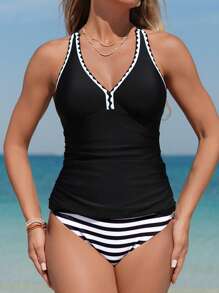 SHEIN Swim Lushore Women's 2 Pieces Tankini Swimwear Set With Flower Trim Solid Black Top And Striped Print Triangle Bottoms, Comfortable & Casual For Beach Vacation