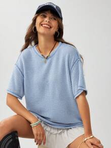 Wildy Ropa informal de verano estilo occidental bohemio para mujeres, atuendo para conciertos de country, camiseta azul casual de corte holgado con dobladillo deshilachado para mujeres