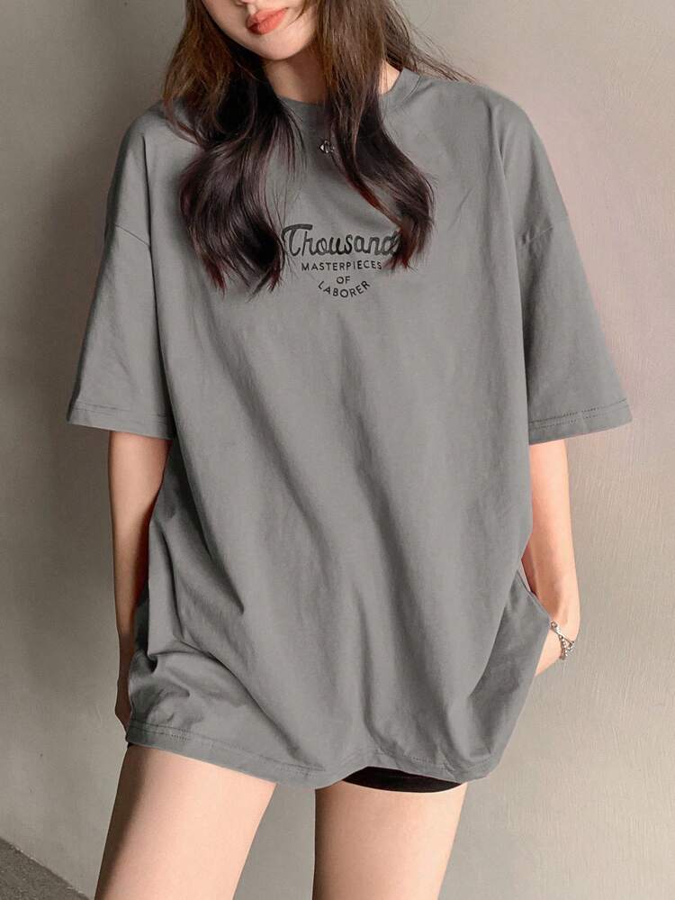 Women Summer Round Neck Oversized Short Sleeve Casual T-Shirt With Letter Print Preppy Tops