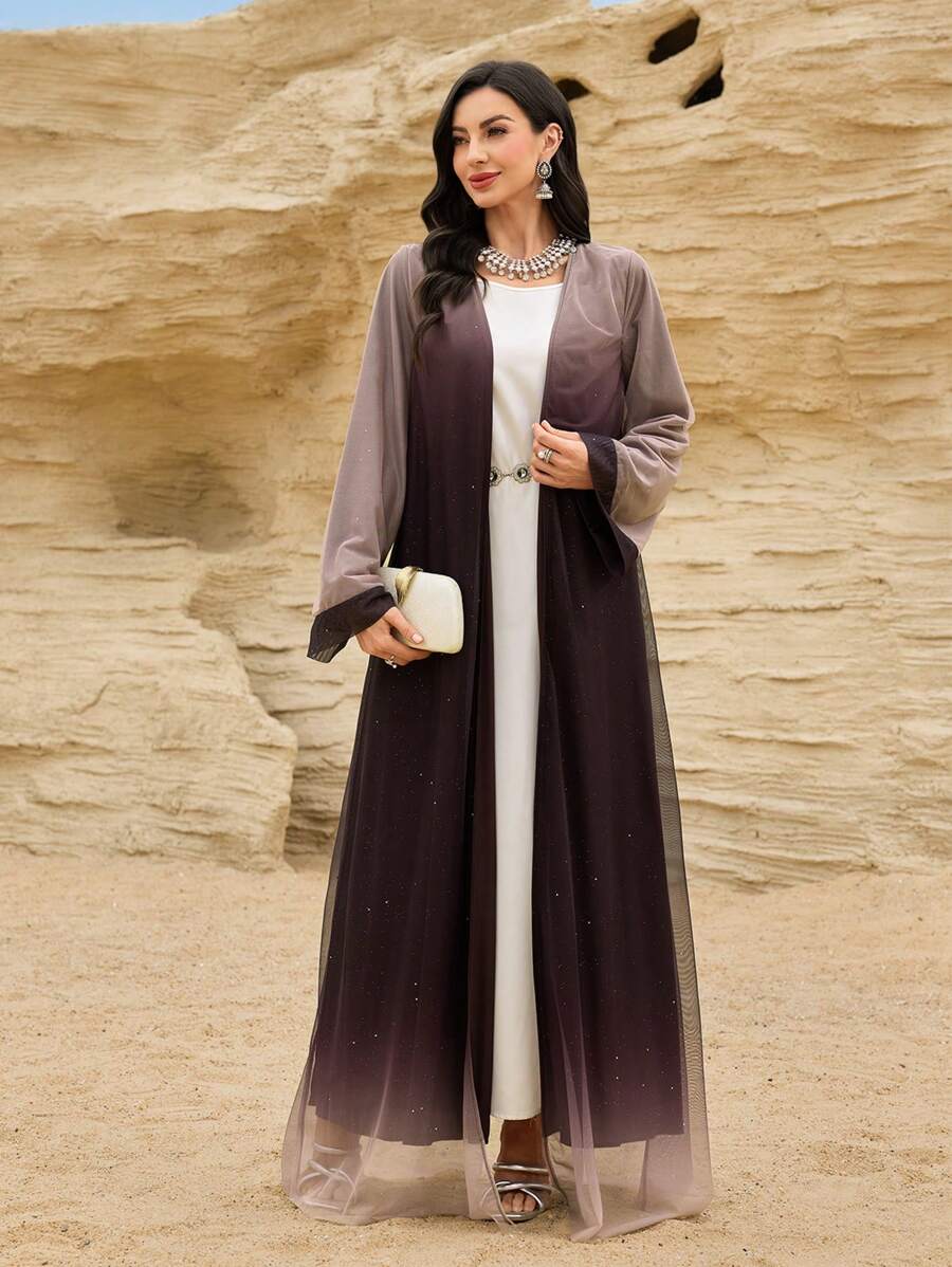 Al Najma 女士长款渐变图案网眼长袍，优雅而浪漫 - 粉色 - 查看 1