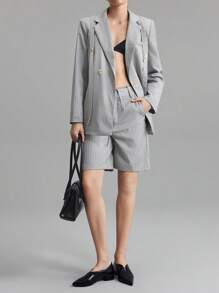Ontre 2pcs Women Striped Blazer & Shorts Suit Set, Casual Office Wear, Gray Suit, Spring/Summer, - Light Grey - View 7