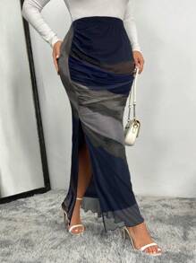 SHEIN Clasi 大码高开叉褶皱扎染印花半身裙女款半身裙