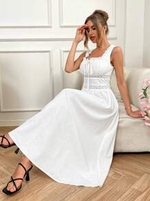 SHEIN VCAY Vestido blanco de verano de unicolor con estilo bohemio, vestido sin mangas con encaje en contraste y volantes, vestido de silueta francesa midi para vacaciones de primavera/verano, vestido de playa blanco para vacaciones, vestido de fiesta de verano para salir de vacaciones - Blanco - Ver 6