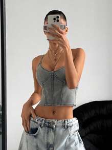 SHEIN ICON 女士日常百搭修身时尚牛仔吊带背心 - 淺色水洗藍 - 查看 7