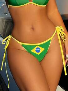 SHEIN Beach Summer Women Bottoms With Drawstring & National Flag Print - Green - View 8