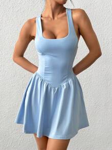 SHEIN EZwear 女式纯色宽肩带运动风连衣裙搭配短裤 - 藍色 - 查看 6
