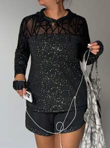 Easithlete Plus Size Fashion Sweatshirt With Metallic Silver, Flocked Patchwork & Mesh Panel, Long Sleeve, Drawstring Sweatshirt - Black - View 1