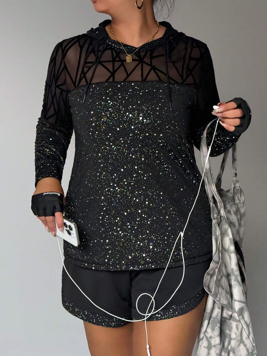 Easithlete Plus Size Fashion Sweatshirt With Metallic Silver, Flocked Patchwork & Mesh Panel, Long Sleeve, Drawstring Sweatshirt - Black - View 1
