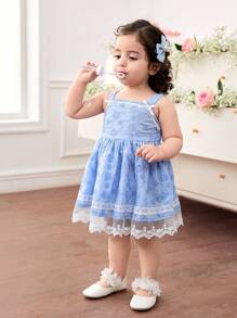 Cute Blue Embroidered Contrast Lace Sleeveless Dress, For Baby Girls, Summer - Blue - View 3