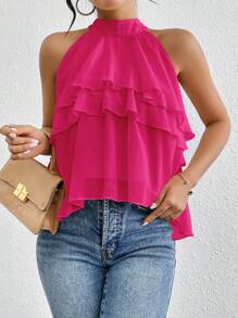 SHEIN Privé Blusa de gasa holgada con volantes y bajo asimétrico - Rosa Fucsia - Ver 3