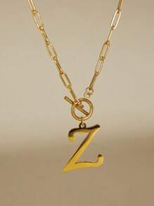 1件简约大字母吊坠经典不锈钢T形扣回形针链项链，女士圣诞节冬季礼物 - 金黃色 - 查看 1