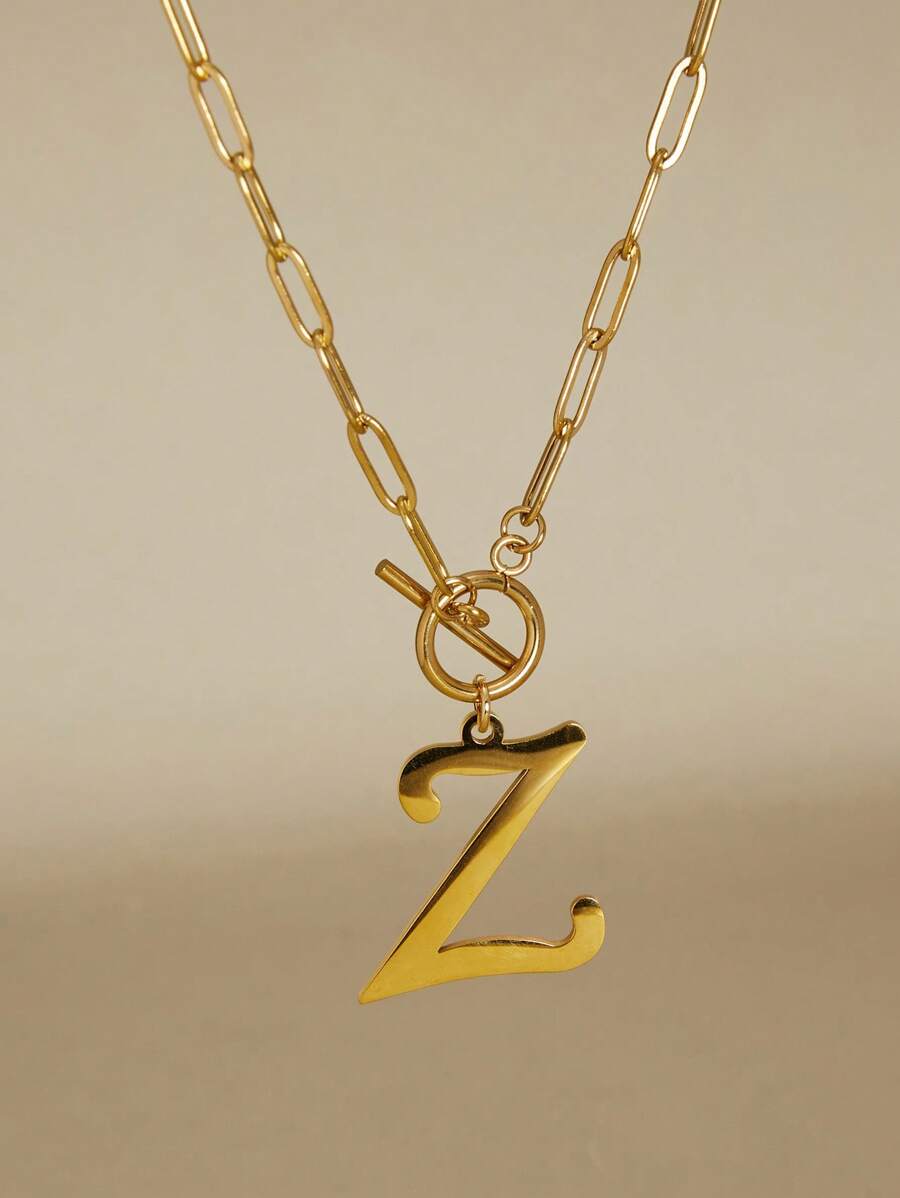 1件简约大字母吊坠经典不锈钢T形扣回形针链项链，女士圣诞节冬季礼物 - 金黃色 - 查看 1