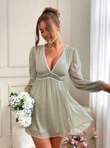 SHEIN VCAY 女式夏季度假风雪纺灯笼袖 A 字迷你连衣裙 - 綠色 - 查看 4