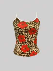 豹纹与花卉印花可调节肩带吊带背心，夏季