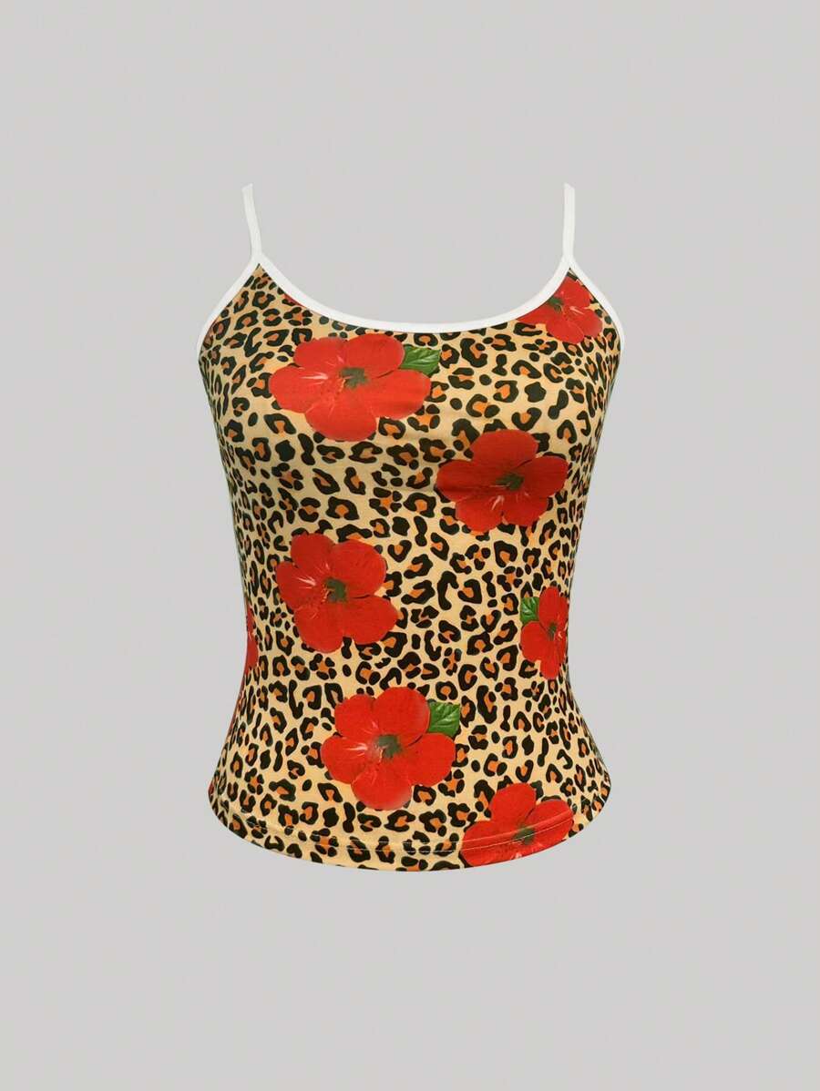 豹纹与花卉印花可调节肩带吊带背心，夏季