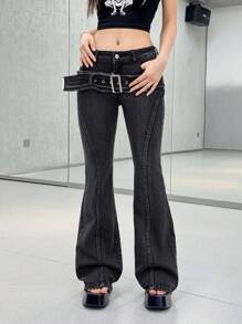 SHEIN MOD 女士性感超低腰喇叭牛仔裤，夏季女士，低腰牛仔裤，俱乐部女士性感，狂欢节，辣妹，狂欢 - 黑色 - 查看 2
