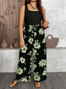 SHEIN LUNE Casual Minimalist Leopard Print & Floral Pattern Loose Plus Size Jumpsuit, Suitable For Spring - Green - View 6