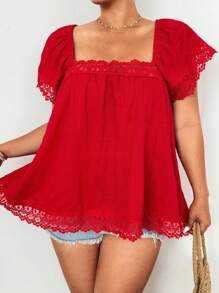 Flirla Blusa casual de mujer de talla grande con unicolor, inserto de encaje y mangas con volantes - Rojo - Ver 4