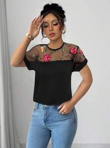 Elenzga Embroidered Floral Mesh Patchwork Casual Short Sleeve T-Shirt, Suitable For Daily Wear - Black - View 4