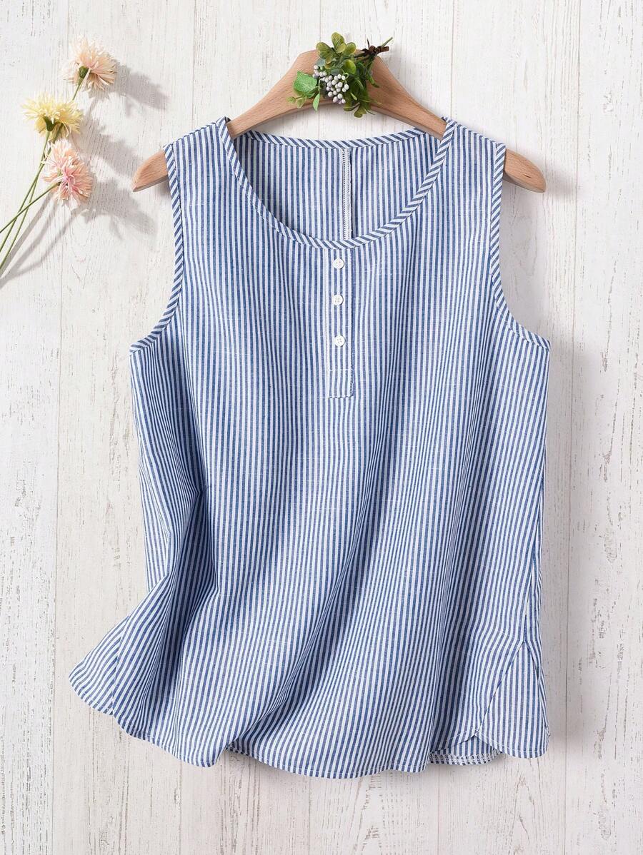SHEIN LUNE 女士圆领无袖正面纽扣条纹休闲背心 - 藍白色 - 查看 1