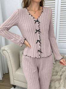 Soft Textured Knit Colorblock Ruffle Trim Bow Decor Women Pajama Set , Fall Winter Clothes