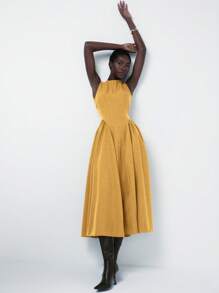 Aveloria Modichic Robe élégante française simple et polyvalente pour femmes avec taille élastique froncée, fentes et doubles poches