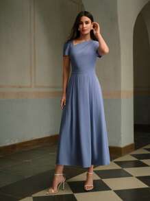 ZEYLAH 1pc Women's Elegant Asymmetrical Shoulder Maxi Dress, Simple & Fashionable, Suitable For Summer