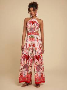 Travachic Woven Print Halter Neck Backless Lace-Up Palazzo Jumpsuit For Women, Loose Fit,Spring Break Outfits,Concert Outfit Women,Boho,Summer Outfits For Women,Beach Outfits For Woman,Western Wear Women,Rave Outfits,Tropical Vacation - Pink - View 5