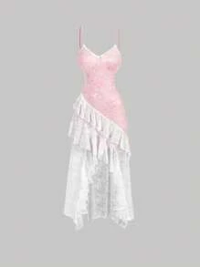 SHEIN MOD Vestido camisero elegante de mujer con bajo de volantes de encaje en contraste de color - Rosa Pálido - Ver 1