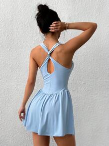 SHEIN EZwear 女式纯色宽肩带运动风连衣裙搭配短裤 - 藍色 - 查看 2