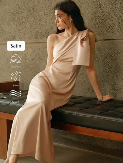 Uhlyne Elegant Asymmetrical Shoulder Bowknot Long Dress, Wedding Guest Dress