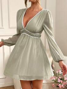 SHEIN VCAY 女式夏季度假风雪纺灯笼袖 A 字迷你连衣裙 - 綠色 - 查看 7