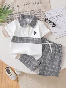 夏季新款简约英伦风套装拼布格子Polo衫+格子宽松短裤学院风青年男孩休闲两件套