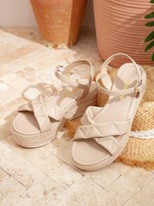 Styleloop Vacation Casual Wedge Canvas Lace-Up Sandals - Apricot - View 5