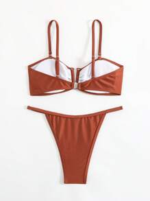 Swim Chiccia Summer New Style Solid Color Off-Shoulder Removable Strap V-Neck Sexy Crop Top And Thong Bikini Beach 2 Pieces Swimwear - Rust Brown - View 4