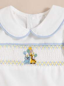 Souflis Souflis Newborn Baby Boy Summer Jumpsuit With Peter Pan Collar, Contrast Color Sleeves Cuffs & Front Panel, Cute Embroidered Pattern, Snap-Up Front, Bottom Opening, Overall Shorts For Easy Wear - White - View 5