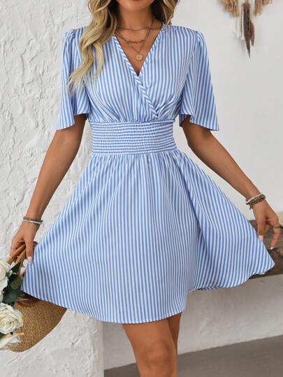 SHEIN Clasi Women V-Neck Striped Short Sleeve Casual Mini Dress